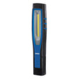 A blue Draper Cob/Smd Led Rechargeable Inspection Lamp with a 7W output and 700 lumens, featuring an elongated shape and a flat base for hands-free operation, includes 1 x USB cable - Model RIL/COBV3/BNC.