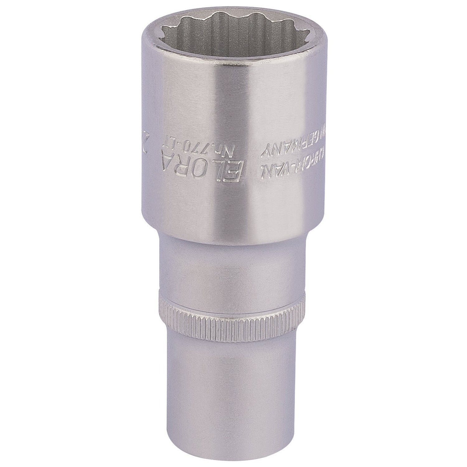 The Draper Elora Deep Bi-Hexagon Socket, 1/2" Sq. Dr., 24mm - 770-LT 24 by Draper is a silver, cylindrical socket tool made from durable chrome vanadium steel with corrosion protection and engraved text, designed for tightening or loosening nuts and bolts. It conforms to DIN 3124/ISO 2725 specifications.