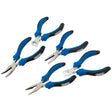 The Draper Soft Grip Mini Pliers Set (5 Piece) - MPSG5, showcasing five blue-handled pliers each with a unique head type and featuring hardened and tempered cutting edges, is displayed on a white background.