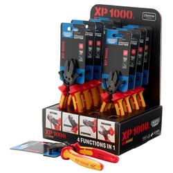 The Draper Xp1000® Counter Top Display features multiple pieces of VDE 160mm and 180mm 4-in-1 Tethered Combination Cutters, highlighting their cutting, gripping, stripping, and crimping functions. The packaging showcases images and details of these versatile tools. For demonstration purposes, one tool is taken out for display on the merchandising Counter Display Units.