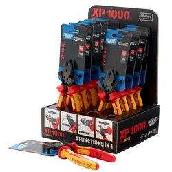 A Draper Xp1000® Counter Top Display Unit proudly showcases multiple packs of Vde 160mm and 180mm 4-in-1 Combination Cutters, each with striking red and yellow handles, certified to EN 60900, offering four functions in one versatile tool.
