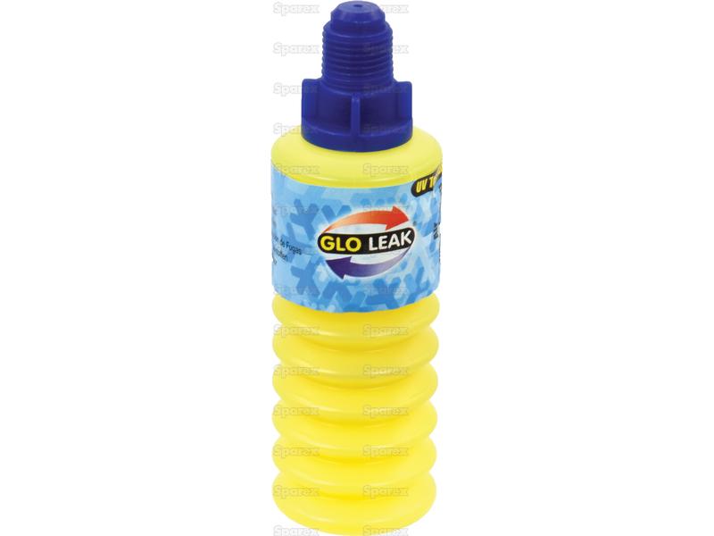A yellow squeeze bottle with a blue cap and a label reading "UV Dye Concertina Cartridge 10 Dose | Sparex Part Number: S.137926" from the Sparex brand, featuring an easy-to-use injector tool for precision application.