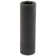 A long, black, hexagonal socket made from chrome vanadium steel with "Draper Expert" partially visible on the side. Perfect for use with impact sockets and compatible with air or electric wrenches, this is the Draper Expert Hi-Torq® Deep Impact Socket, 1/2" Sq. Dr., 15mm - 410D-MM.