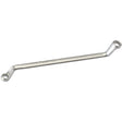 The Draper Elora Deep Crank Metric Ring Spanner, 7 X 8mm - 110-7x8, is a double-ended offset box wrench featuring durable chrome vanadium steel construction with ring ends, crafted to DIN 838/ISO 3318 standards. One end is slightly bent upwards and the other downwards for optimal torque.
