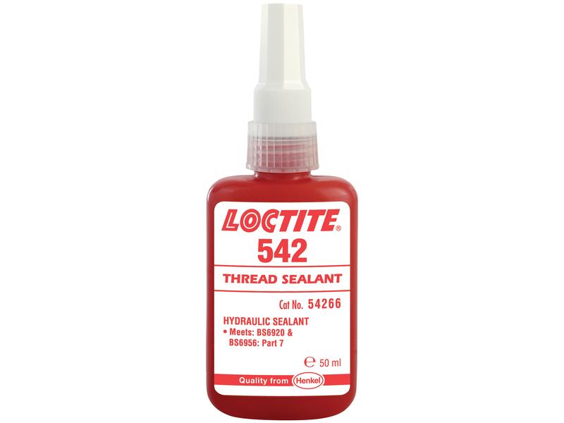 The image shows a 50ml bottle of LOCTITE® 542 Thread Sealant (Sparex Part Number: S.14759). The red bottle features a white label with red text and a white cap. It is identified as a hydraulic adhesive meeting BS6920 and BS5956: Part 7 standards, under the Sparex brand.