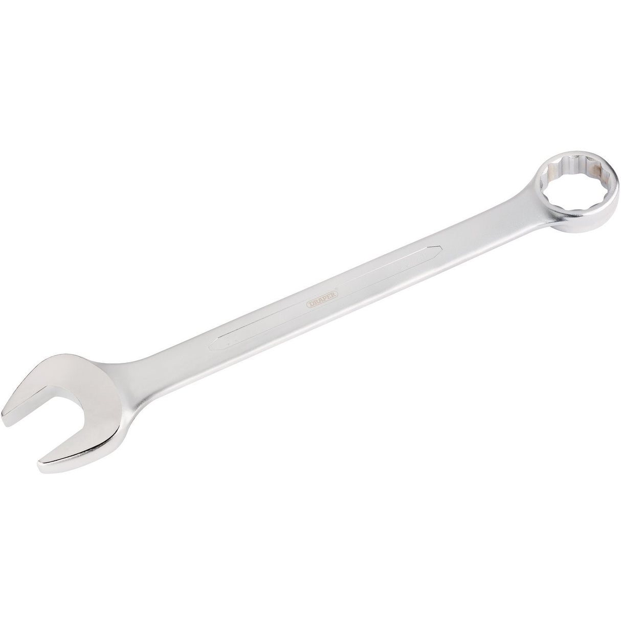 The Draper Heavy Duty Long Pattern Metric Combination Spanner, 80mm - 8220MM, crafted from durable chrome vanadium steel and plated in chrome to meet DIN3113 Specifications, features both an open-end and a box-end.