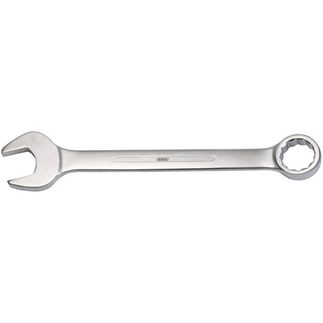 Introducing the Draper Heavy Duty Long Pattern Metric Combination Spanner, 100mm - 8220MM, a metal wrench featuring an open-end on one side and a polished ring end box-end on the other. Crafted from durable chrome vanadium steel and meeting DIN3113 Specifications, this tool is built to last.