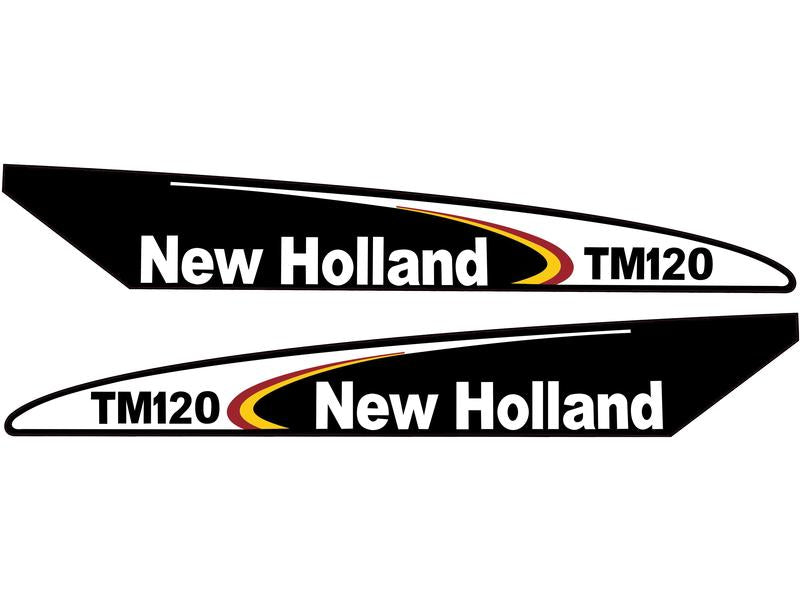 Graphic showing the text "Ford / New Holland TM120" on two separate stylized decals with a yellow and red swoosh design, capturing the legacy of Ford's TM120 excellence. This decal set is available under Sparex Part Number: S.152888 from the brand Sparex.