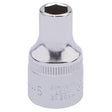 The Draper Elora Hexagon Socket, 1/2" Sq. Dr., 9mm - 771-LM 9, features a metal socket wrench head made from chrome vanadium steel with a shiny silver finish and engraved text. This high-quality material ensures corrosion protection and reliability, complying with DIN3122 standards.