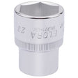 A close-up photo of a shiny, metallic Draper Elora Hexagon Socket with engraved markings, including "DRAPER" and "23." Made from Chrome vanadium steel, it ensures professional quality and superior corrosion protection.