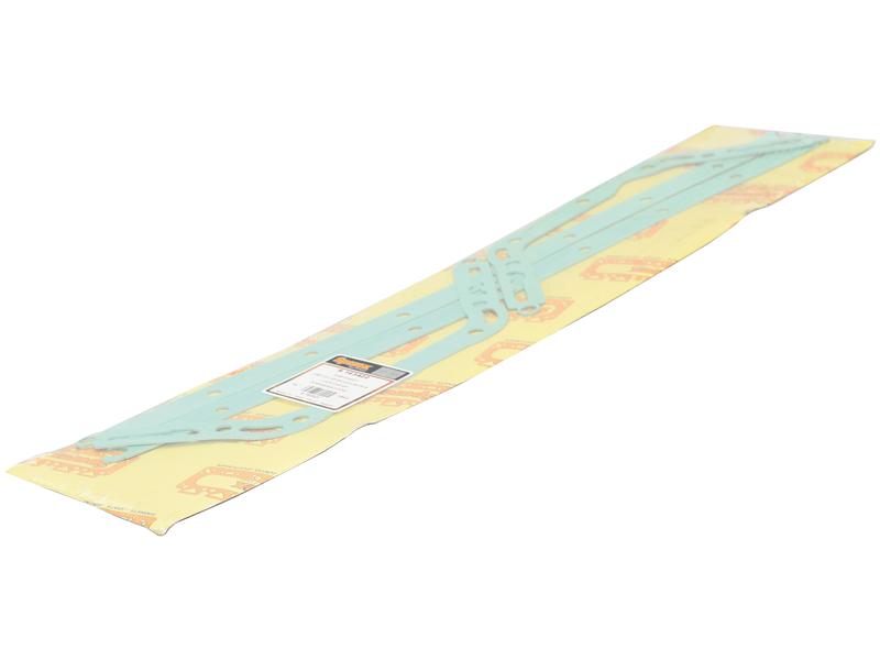 Packaged on a yellow card with a visible product label, this Sump Gasket - 6 Cyl. (BF6M 1012 BF6M 2012 TCD 2012 L6) by Sparex (Part Number: S.163422) is a set of blue metal strips with multiple holes, designed for use with Deutz Engine models BF6M 2012 and BF6M 1012.