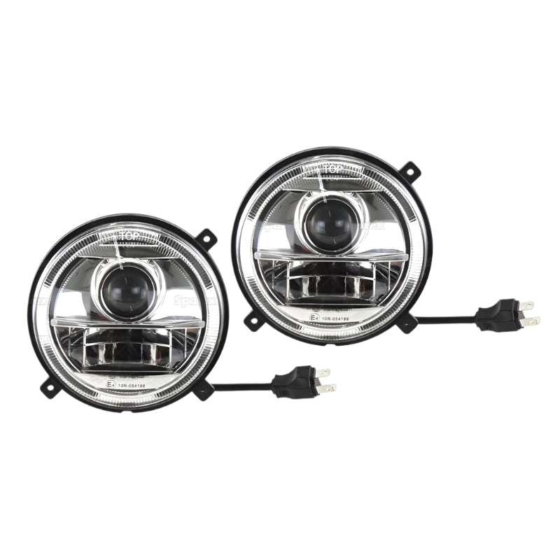 Product Description: *SPECIAL PRICE* - Massey Ferguson LED Head Light Kit, Interference: Class 3, RH & LH (LH Dip), 1560 - 2760 Lumens Raw, 10-30V - S.163618 by JMCE DEALS. The kit includes two round vehicle headlights with attached wiring and connectors. The background features a repetitive text pattern. If you have any questions before ordering, please contact us.