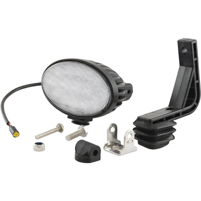 A set of vehicle light components, including a black oval New Holland LED Work Light with an IP6K9K rating and Class 5 interference, producing 4500 lumens raw at 10-30V, along with mounting brackets, screws, nuts, and electrical connectors is displayed against a plain background. Ideal for those seeking reliable LED flood beam options like Sparex.