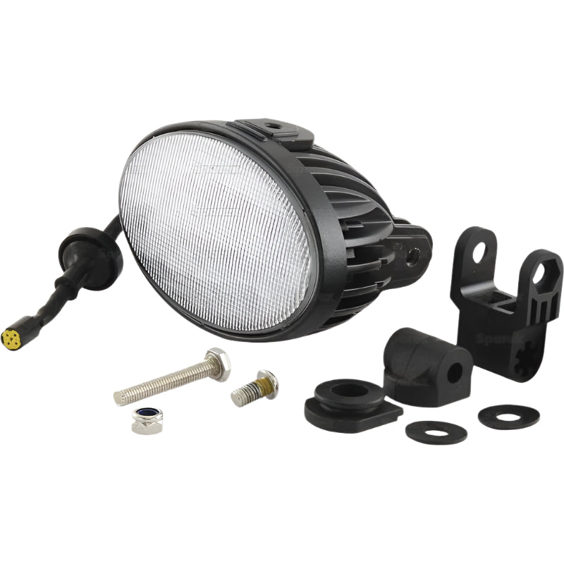 A New Holland LED Work Light from Sparex, featuring an oval shape and 4500 lumens of raw light output, is displayed with various mounting hardware including screws, brackets, and washers on a white background. The light is rated IP6K9K for ultimate durability and operates within a 10-30V range, making it perfect for Sparex vehicles.