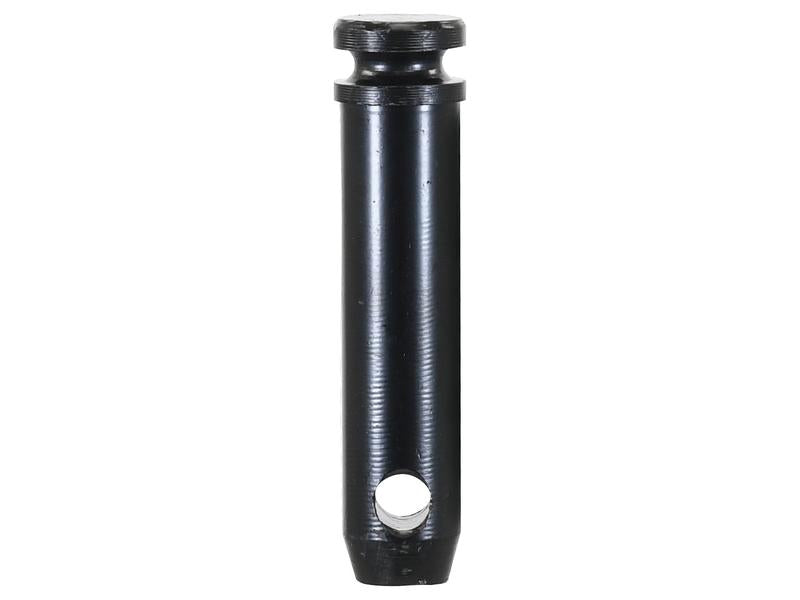 The Top Link Pin 25x83mm Cat. 2 Heavy Duty by Sparex (Part Number: S.164577) is a black, cylindrical metal pin with a threaded top, a hole in the middle, and a flat bottom designed for heavy-duty construction and corrosion protection.