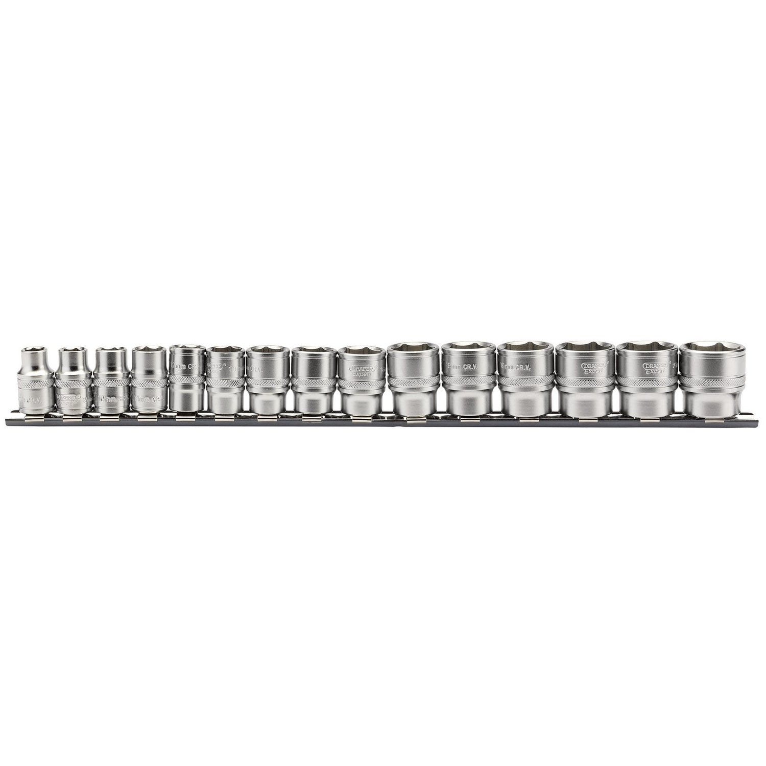A set of Draper metric socket wrenches, crafted from chrome vanadium steel and featuring a micro satin finish, organized by size on a black holder and lined up in increasing order from left to right. The product name is Draper Metric Socket Set On A Metal Rail, 3/8" Sq. Dr. (15 Piece) - D15M/SR.