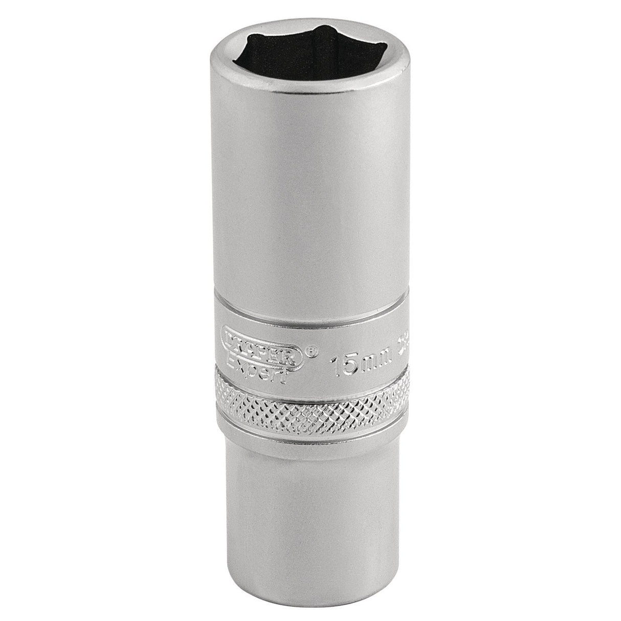 The Draper 6 Point Metric Deep Socket, model DT-MM/MS, is made from chrome vanadium steel and features a silver finish. It includes a 15mm hex opening on one end and a 3/8" square drive on the other, with a knurled ring for added grip. The socket is shown in a vertical position.