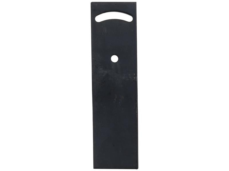A flat, rectangular black metal plate with a narrow oval cutout at the top and a circular hole in the center, often used in conjunction with Vulcan Fasteners, known as the "Tail Press - LH (Gregoire Besson)" to fit as 172311, Sparex Part Number S.166105 from Sparex.