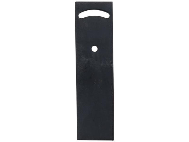 A flat, rectangular black metal plate with a narrow oval cutout at the top and a circular hole in the center, often used in conjunction with Vulcan Fasteners, known as the "Tail Press - LH (Gregoire Besson)" to fit as 172311, Sparex Part Number S.166105 from Sparex.