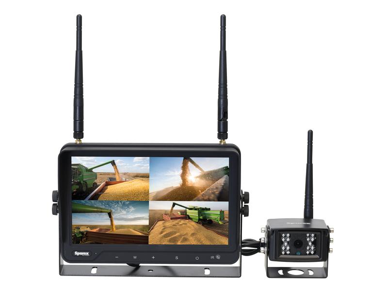 Wireless Digital Vehicle Camera System 1 x 4 Quad 9'' Monitor, 1 x CMOS digital wireless camera with microphone, 1 x Removable sunvisor, 1 x Adjustable support, 1 x Manual x 1 Remote control - Sparex Part No. S.166339