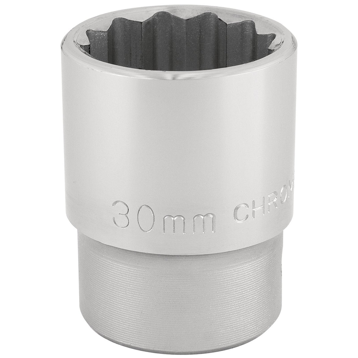 The Draper 12 Point Socket, 3/4" Sq. Dr., 30mm - T-MM/B is a robust 30mm socket wrench attachment crafted from durable chrome vanadium steel, featuring a polished finish and a ridged internal design for enhanced grip.
