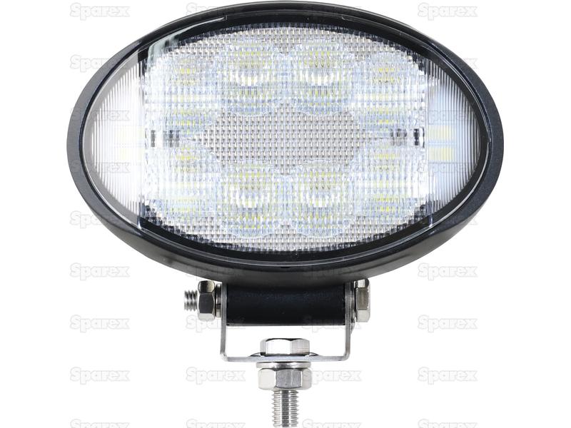 The Sparex LED Work Light High Power LED, Flood Beam (S.167758) is a black, oval work light with a mounting bracket that showcases multiple LEDs behind a clear lens and features an impressive ECE rating. This work light offers wide-angled interference of Class 5 and delivers 9720 lumens of raw power with an operating voltage range of 10-30V.