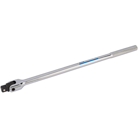 The Draper Breaker Bar, 3/4" Sq. Dr., 600mm - T24/B features a hinged joint head on one end for secure socket holding and a textured grip on the other end. It is crafted from robust chrome vanadium steel for durability.
