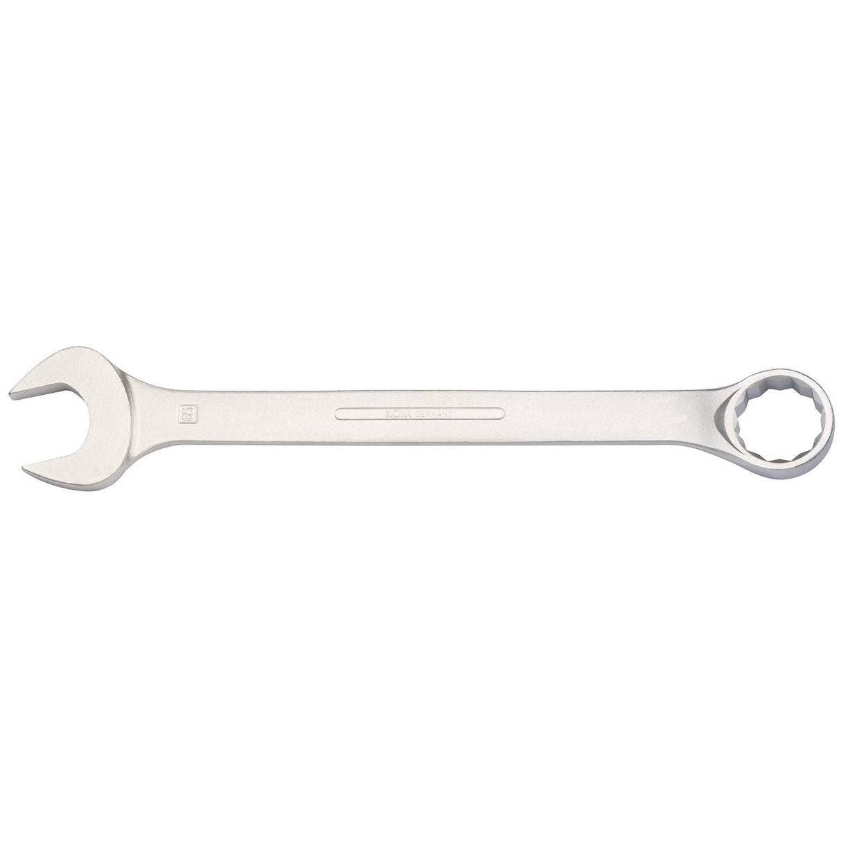 Image of the Draper Elora Long Combination Spanner, 65mm - 205-65 featuring an open-end on one side and a Bi-hexagon ring on the other, crafted from chrome vanadium steel for superior durability and corrosion protection, ideal for tightening or loosening nuts and bolts.