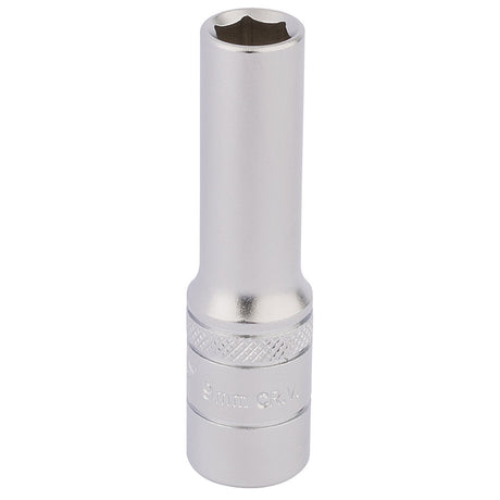 The Draper Hi-Torq® 6 Point Deep Socket, 3/8" Sq. Dr., 9mm - DT-MM/MS, crafted from chrome vanadium steel, features a hexagonal opening and a knurled ring for a slightly textured grip section.
