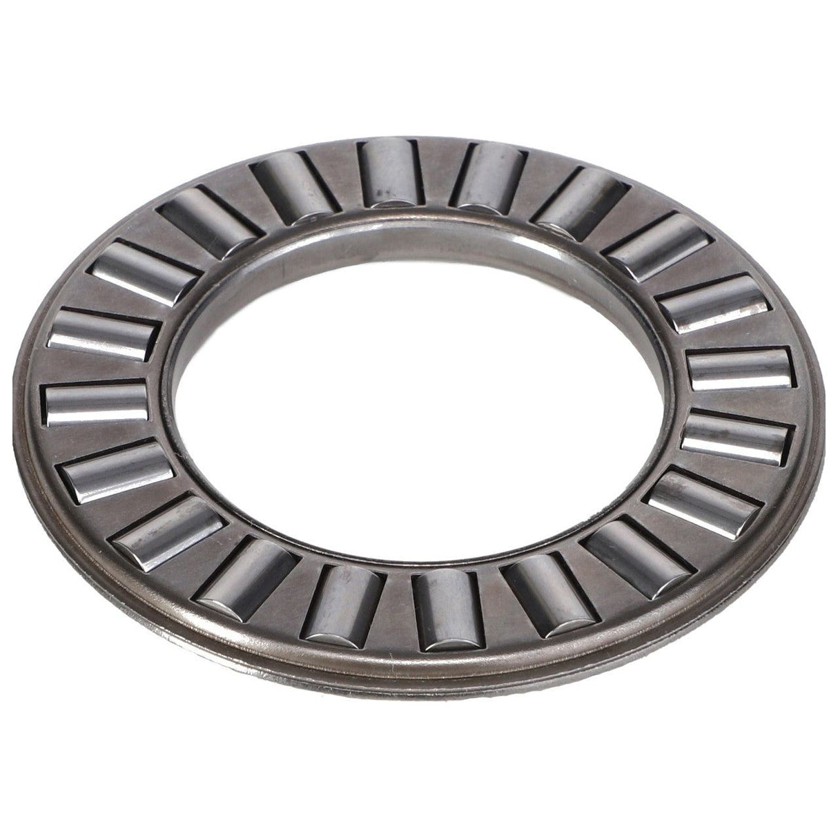 The AGCO Massey Ferguson - Bearing - 185379M1 is a circular thrust roller bearing with cylindrical rollers evenly spaced within a metal ring, ideal for Massey Ferguson 100 Series applications.