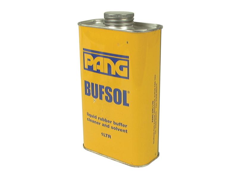 A yellow metal can labeled "Sparex Buffing Solution" (1 ltr) with part number S.19818, containing liquid rubber buffer, cleaner, and solvent, and featuring a silver screw cap.
