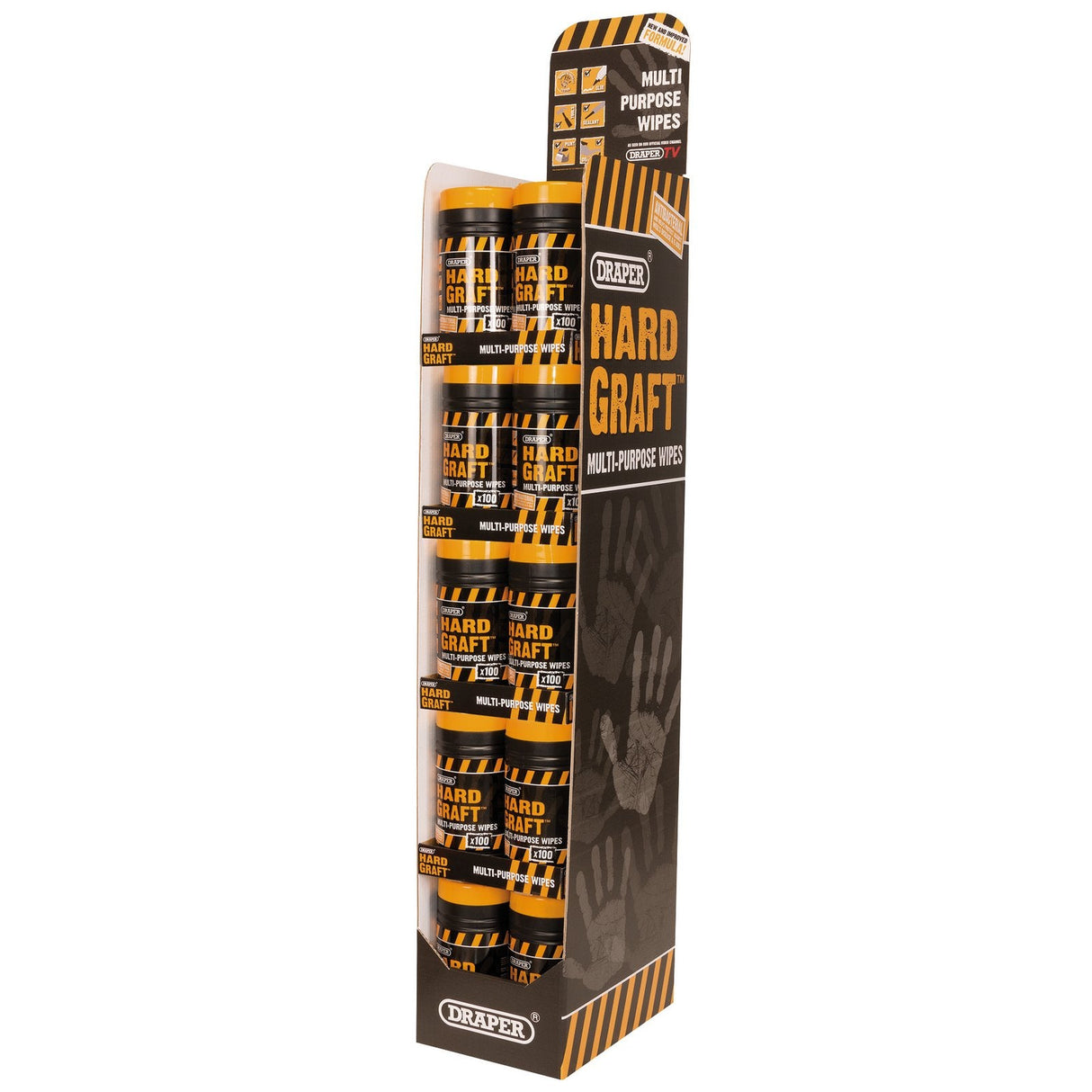 Draper Floor Standing Merchandiser Of 30 Tubs Of Draper 'Hard Graft' Wipes (Tub Of 100) - HGW-100/BB30 - Farming Parts