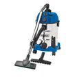 A Draper 230V Wet and Dry Vacuum Cleaner with a stainless steel tank, hose, and attachments, featuring a blue and silver design for workshop use, stands on a white background.