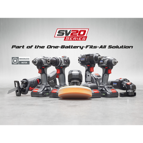 A selection of Sealey SV20 Series power tools, including the Brushless Impact Wrench Kit 1/2" Sq Drive 20V 4Ah (CP20VPIWKIT1), drills, saws, and a sander equipped with brushless motors, displayed with the tagline "Part of the One-Battery-Fits-All Solution".