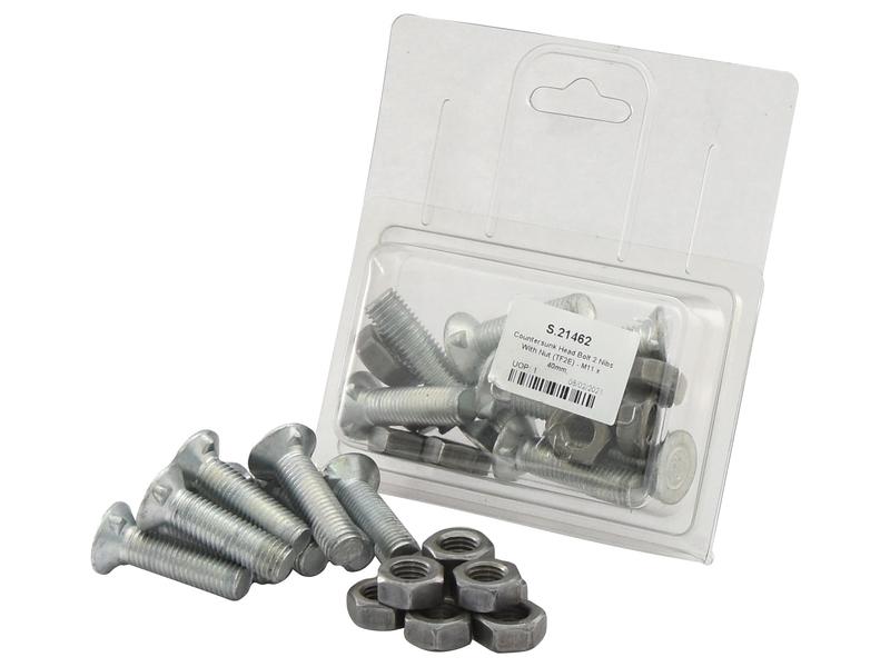 Countersunk Head Bolt 2 Nibs with Nut (TF2E) - M11 X 40 MM, Tensile Strength 10.9 (8 Pcs. Agripak) - Sparex Part S.21462