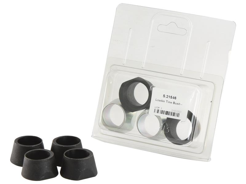 The package includes four black Loader Tine Bushes, with an additional four displayed in front. The text reads: "S.21546 Loader Tine Bush - Fitting: M22, Type: Eccentric." Brand: Sparex. Pack Type: Agripak with 4 pcs. Alternative to 7983, Tariff Code: 8426990000.