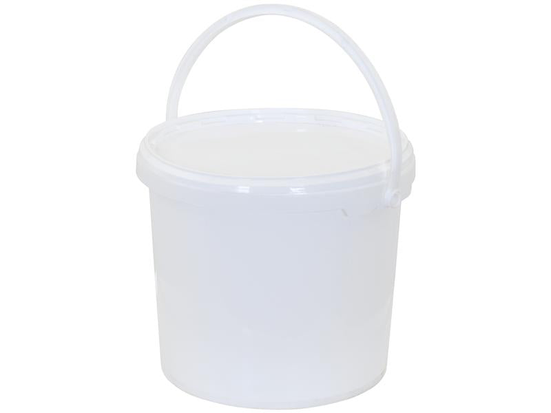 A white, cylindrical plastic bucket with a handle and a lid, identified under Tariff Code 3926909790, is available as the 5 LITRE ROUND BUCKET (Sparex Part Number: S.2247) from the Sparex brand.