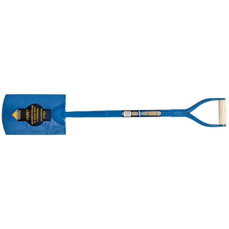 A Draper Expert Solid Forged Contractors Square Mouth Spade (ASDS) with a blue handle, wooden grip, and square-point blade featuring corrosion protection, displayed on a white background.