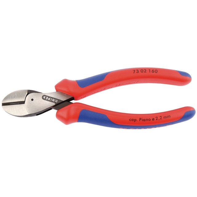 A pair of Draper Knipex 73 02 160Sb 'X Cut' High Leverage Diagonal Side Cutters, model 73 02 160 SB, featuring red and blue handles, with induction-hardened cutting edges and a cutting capacity of up to 2.2 mm.