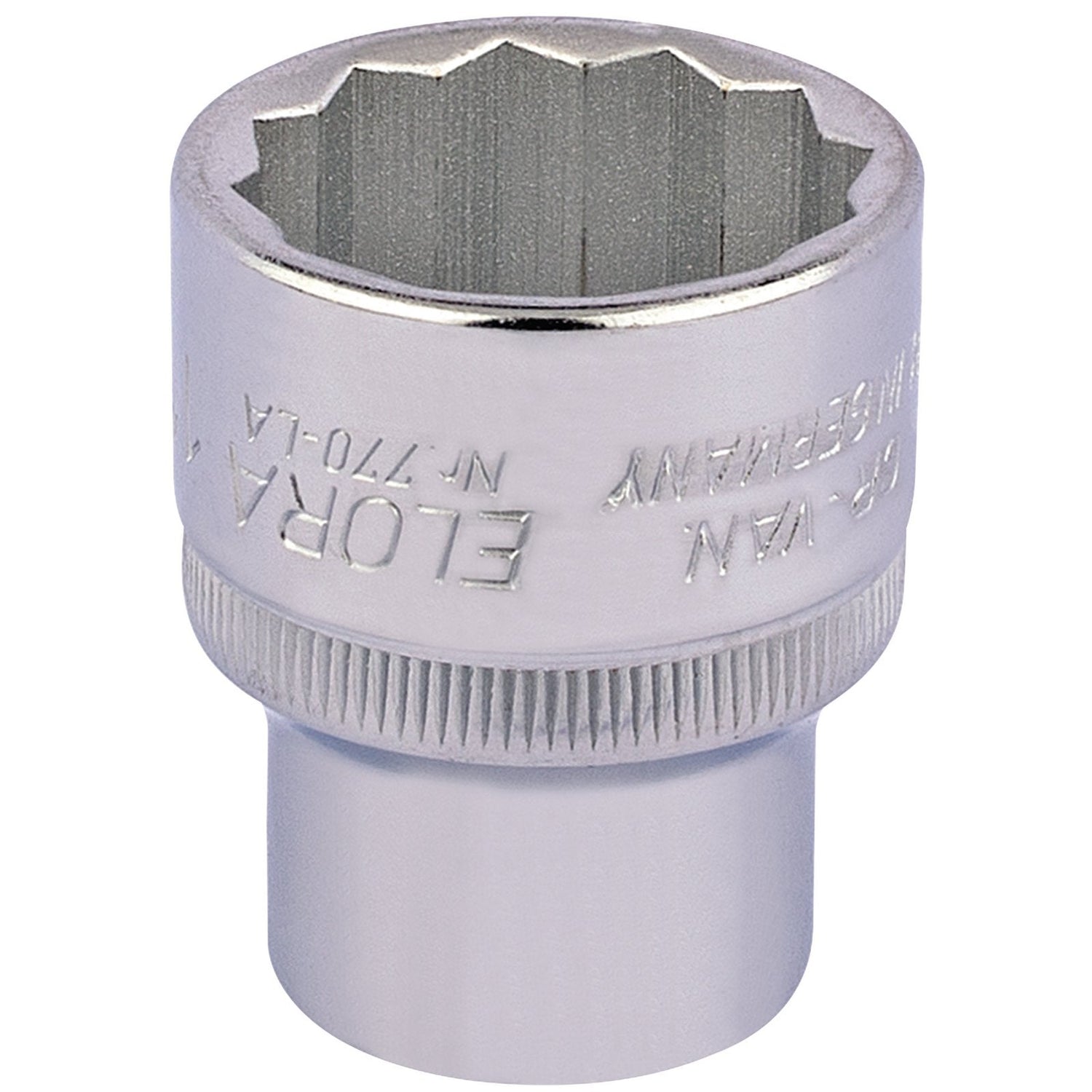 A silver, 12-point Bi-Hexagon socket wrench head made from durable chrome vanadium steel, featuring the engraved text "ELORA" and specifications such as DIN3122 and advanced corrosion protection. This high-quality product is known as the Draper Elora Bi-Hexagon Socket, 1/2" Sq. Dr., 1" - 770-LA 1.