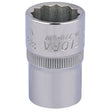 The Draper Elora Whitworth Bi-Hexagon Socket, 1/2" square drive size, 3/8", features a knurled ring for better grip and is made from chrome vanadium steel for superior corrosion protection, complying with DIN 3124 standards.