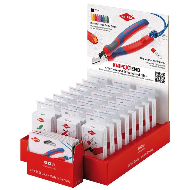KNIPEX 00 18 01 V48 TEND 2 SALES DISPLAY, 24 PARTS, VARIABLE COLORCODE CLIPS AND TETHEREDTOOL CLIPS FOR PLIERS WITH KNIPEXTEND INTERFACES