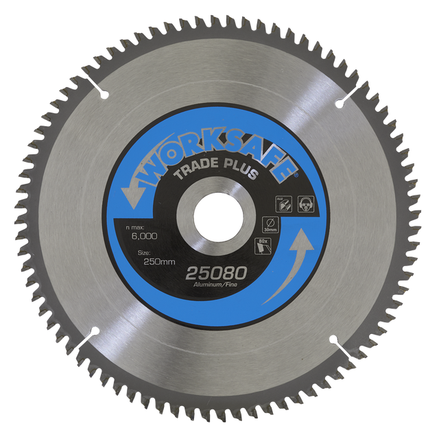 The Sealey Aluminium Cutting TCT Saw Blade, model Ø250 x 30mm - 80tpu - 25080/Ali, operates at a maximum speed of 6,000 RPM and features a diameter of 250mm. Ideal for fine finish work and mitre crosscutting, this blade boasts multiple teeth and a central hole for mounting.