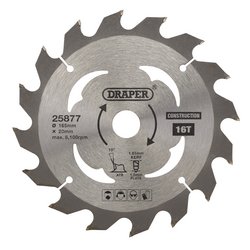 Introducing the Draper Tct Cordless Construction Circular Saw Blade For Wood & Composites, 165 X 20mm, 16T - SBC1 by Draper. This blade features 16 precision-ground carbide teeth with a 165mm diameter and a 20mm bore. Its maximum speed of 6,100 RPM makes it perfect for cutting both softwood and hardwood.