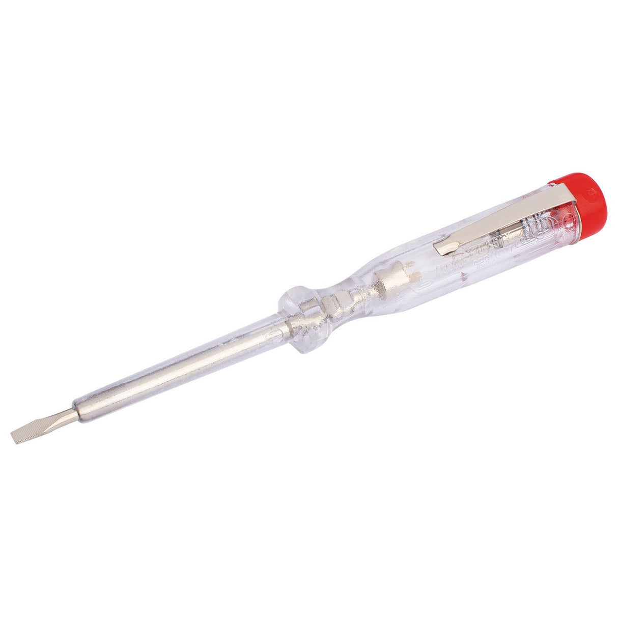 The Draper Mains Testing Screwdriver, 63mm - 3022C, features a transparent handle with a metal clip and a red cap at the end.