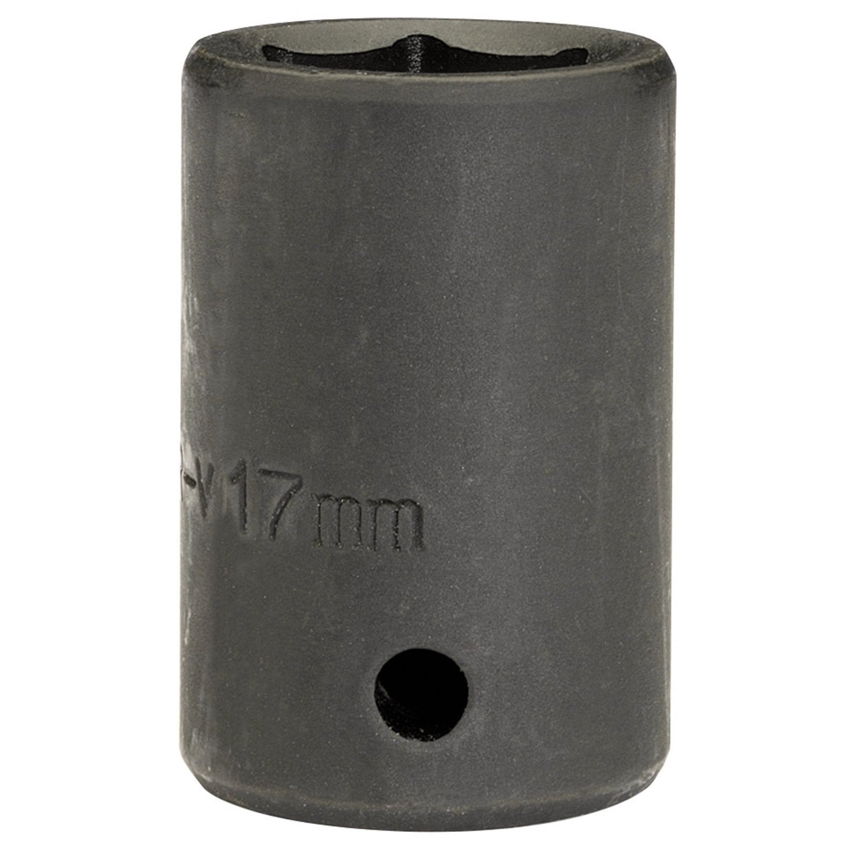 The Draper Expert Hi-Torq® Impact Socket, 1/2" Sq. Dr., 17mm (Sold Loose) - 410MMB, is constructed from durable chrome vanadium steel and features a six-point design with a hole on its cylindrical body. Enhanced corrosion protection ensures longevity and reliability for all your heavy-duty tasks.