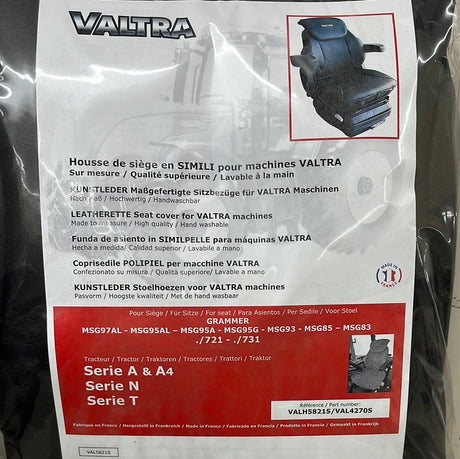 Instruction manual for the AGCO Valtra - Leatherette Seat Cover - VAL4270S, featuring an adjustable cushion and available in multiple languages. Includes details on compatible models, material (leatherette), hand wash instructions, and product images. Designed to fit perfectly with Grammer seats for optimal comfort and durability.