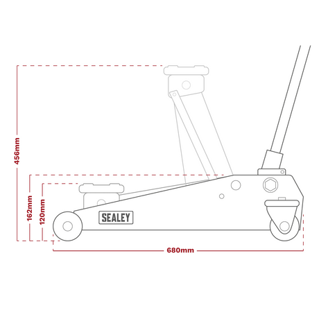 Line drawing of the Sealey Trolley Jack 3 Tonne with Super Rocket Lift & Axle Stands (Pair) 3 Tonne Capacity per Stand-Hi-Vis - 3015CXHV with dimensions shown: 120mm height, 680mm length, 456mm overall height, and 162mm additional height in the lifting mechanism. Features twin piston super rocket lift for a versatile lifting range. Wheels and handle are also depicted.