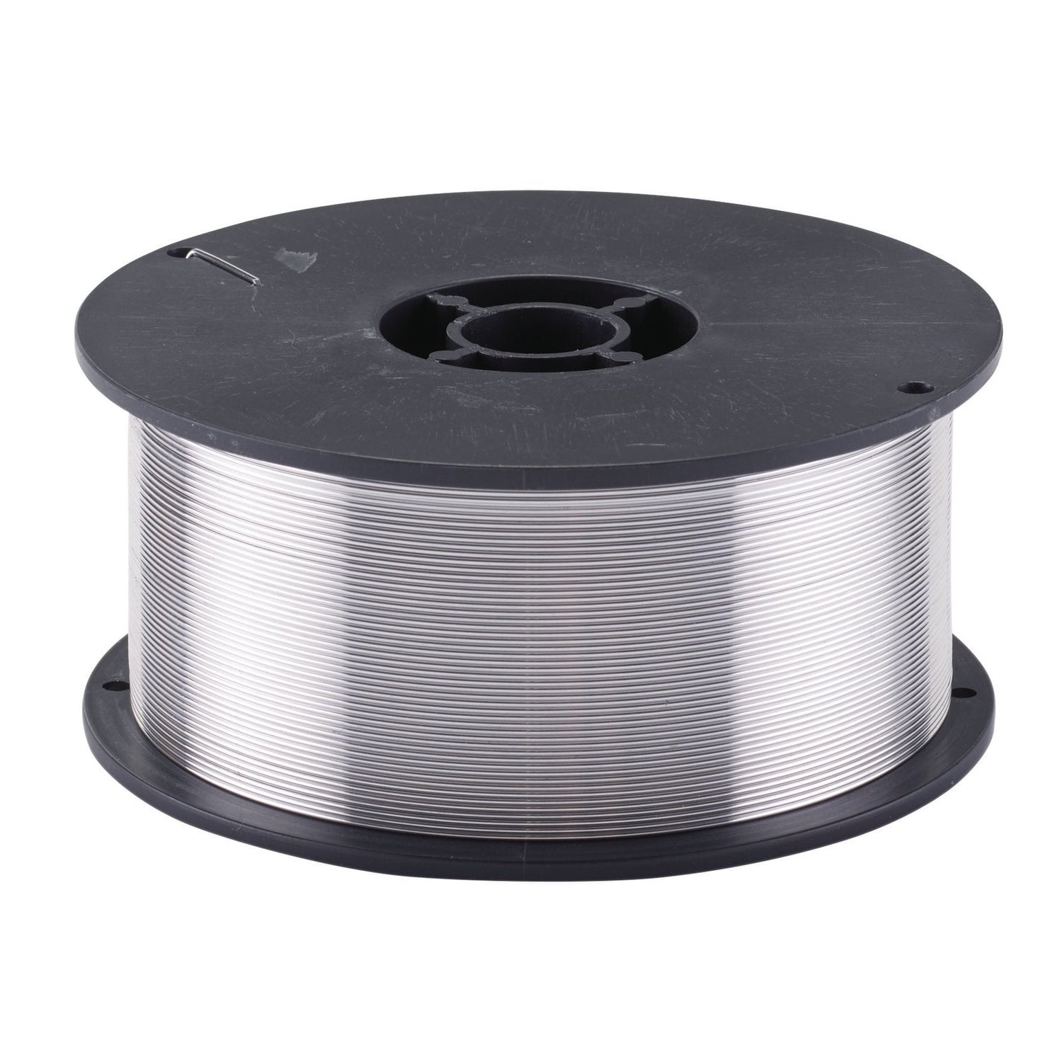A spool of Draper Aluminium 5356 Mig Welding Wire (0.8mm, 500g - WMIGA08500), made from an aluminium alloy, with a black plastic core and edge.