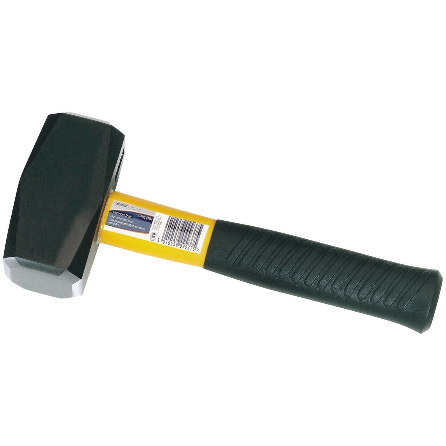 The Draper Expert Fibreglass Shaft Club Hammer, 1.8Kg/4Lb - FG3A/L features a black handle with a yellow label and is equipped with a shock absorbing grip.